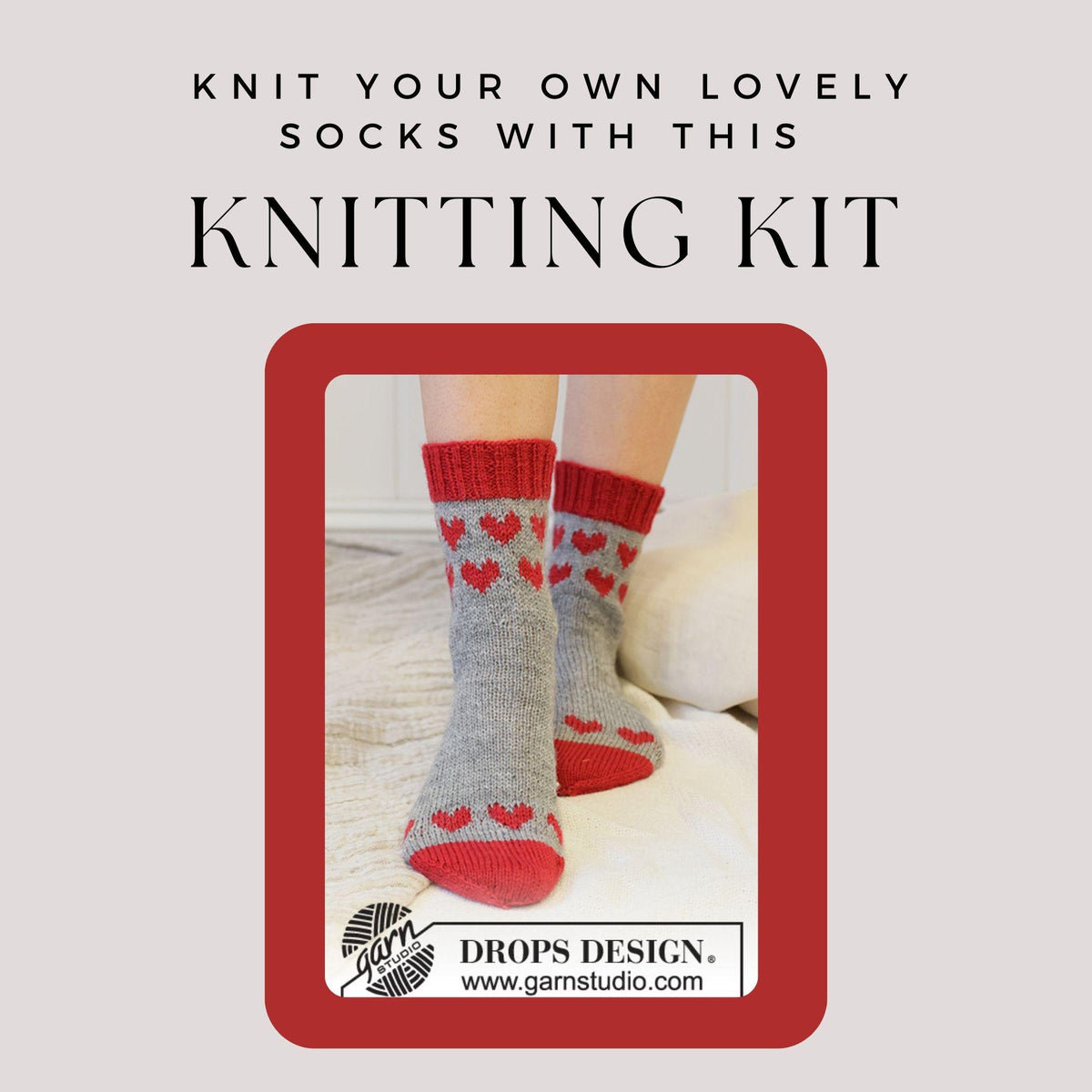 Knitted sock kit - make your own lovely heart socks with this diy knit kit using Drops Fabel wool